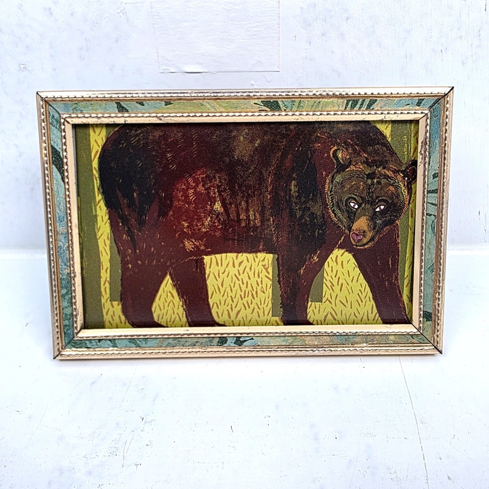 Vtg Brass Embossed Green Inlay Bear Art Print Velvet Back Glass Front 6" x 4"